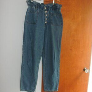 tgla Paper Bag Waist Button Fly Tapered Leg Cotton Denim Blue Jeans size L